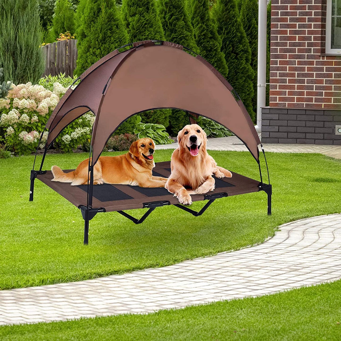Elevated Pet Cot with Removable Canopy - Portable Raised Outdoor Dog Bed for Camping or Beach, Made from Durable 1680D Oxford Fabric and Breathable Mesh (Large, Brown)