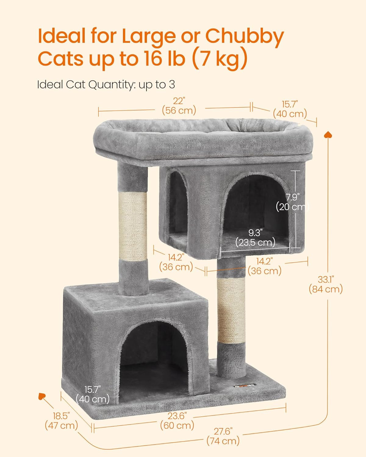 33.1-Inch Cat Tower with Plush Condo for Large Cats up to 16 lbs, Featuring Large Perch, Two Caves, and Scratching Post in Light Gray
