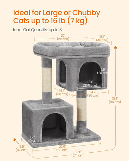 33.1-Inch Cat Tower with Plush Condo for Large Cats up to 16 lbs, Featuring Large Perch, Two Caves, and Scratching Post in Light Gray