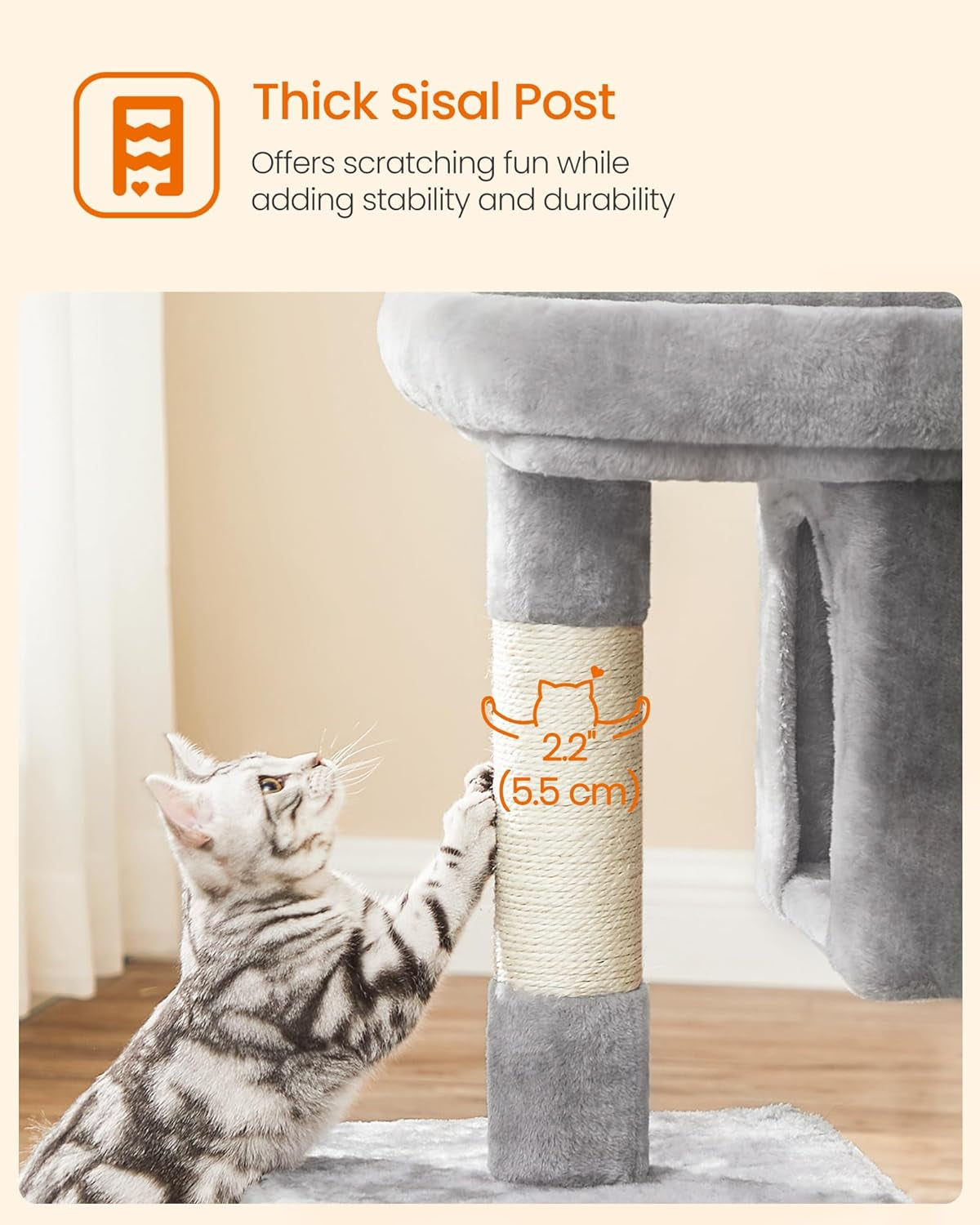 33.1-Inch Cat Tower with Plush Condo for Large Cats up to 16 lbs, Featuring Large Perch, Two Caves, and Scratching Post in Light Gray