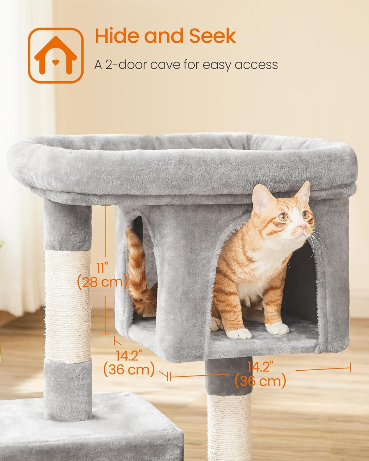 33.1-Inch Cat Tower with Plush Condo for Large Cats up to 16 lbs, Featuring Large Perch, Two Caves, and Scratching Post in Light Gray