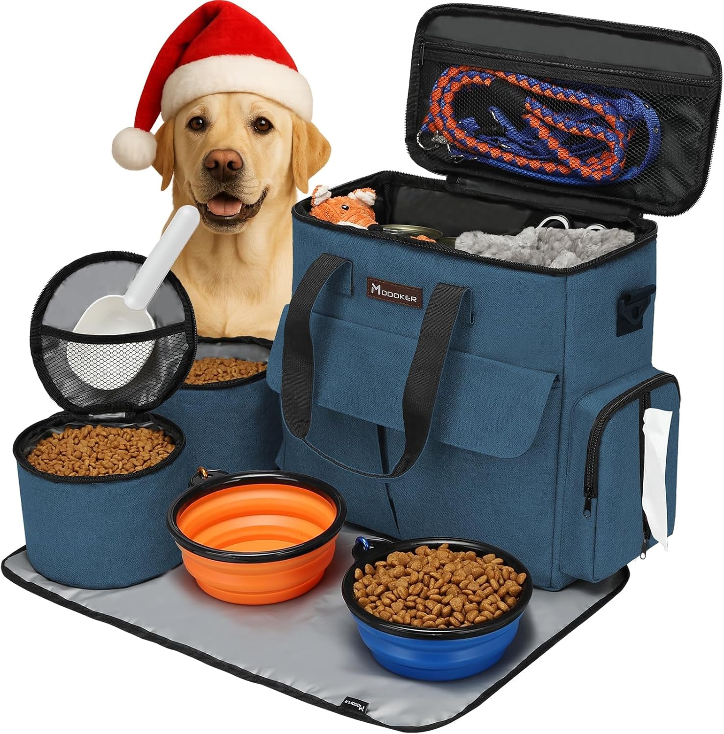 Pet Travel Bag for Dogs and Cats - Airline Approved Weekend Set with Multi-Function Pockets, Food Storage Containers, Collapsible Bowls, and Feeding Mat (Blue)