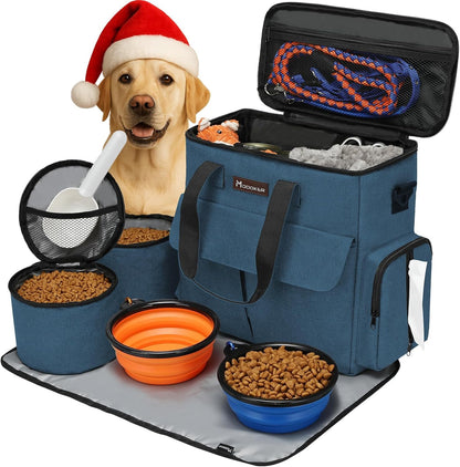 Pet Travel Bag for Dogs and Cats - Airline Approved Weekend Set with Multi-Function Pockets, Food Storage Containers, Collapsible Bowls, and Feeding Mat (Blue)