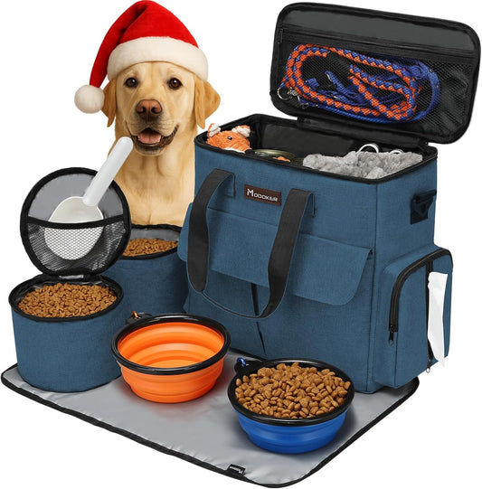 Pet Travel Bag for Dogs and Cats - Airline Approved Weekend Set with Multi-Function Pockets, Food Storage Containers, Collapsible Bowls, and Feeding Mat (Blue)