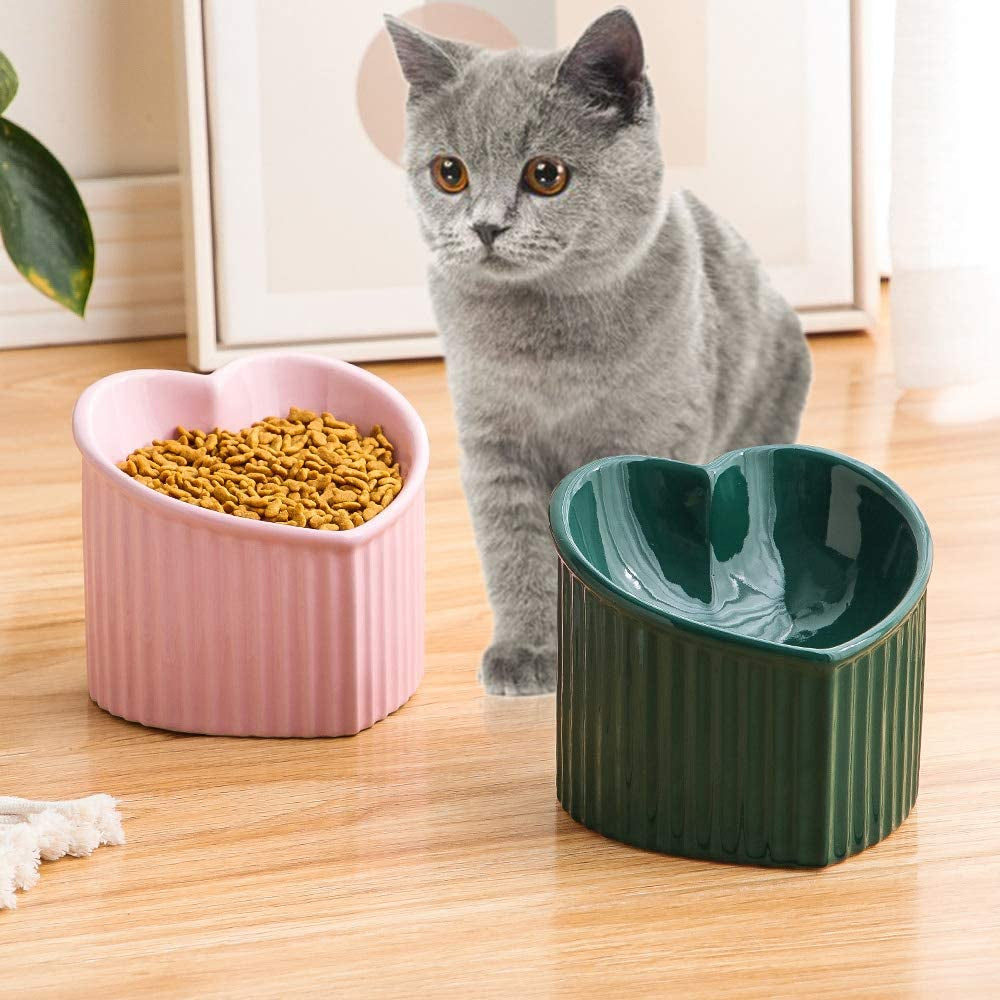 Dark Green Ceramic Elevated Cat Bowls for Food and Water, Ergonomic Design for Stress-Free Feeding, Dishwasher and Microwave Safe, Lead and Cadmium Free