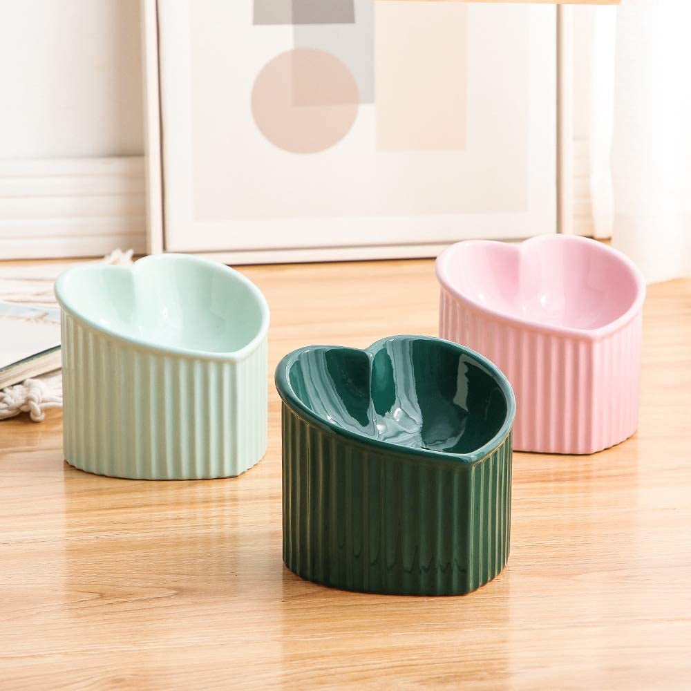 Dark Green Ceramic Elevated Cat Bowls for Food and Water, Ergonomic Design for Stress-Free Feeding, Dishwasher and Microwave Safe, Lead and Cadmium Free