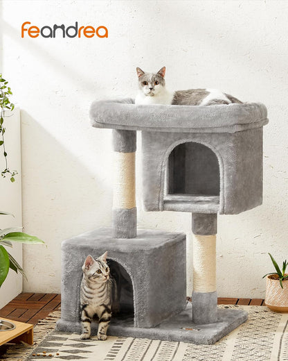 33.1-Inch Cat Tower with Plush Condo for Large Cats up to 16 lbs, Featuring Large Perch, Two Caves, and Scratching Post in Light Gray
