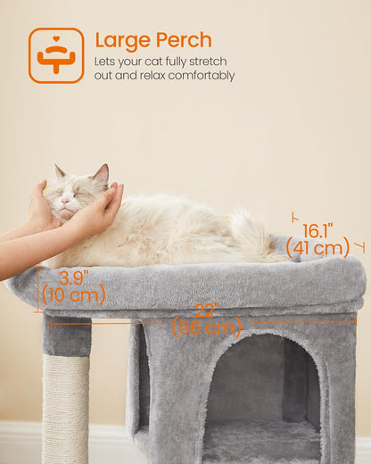 33.1-Inch Cat Tower with Plush Condo for Large Cats up to 16 lbs, Featuring Large Perch, Two Caves, and Scratching Post in Light Gray