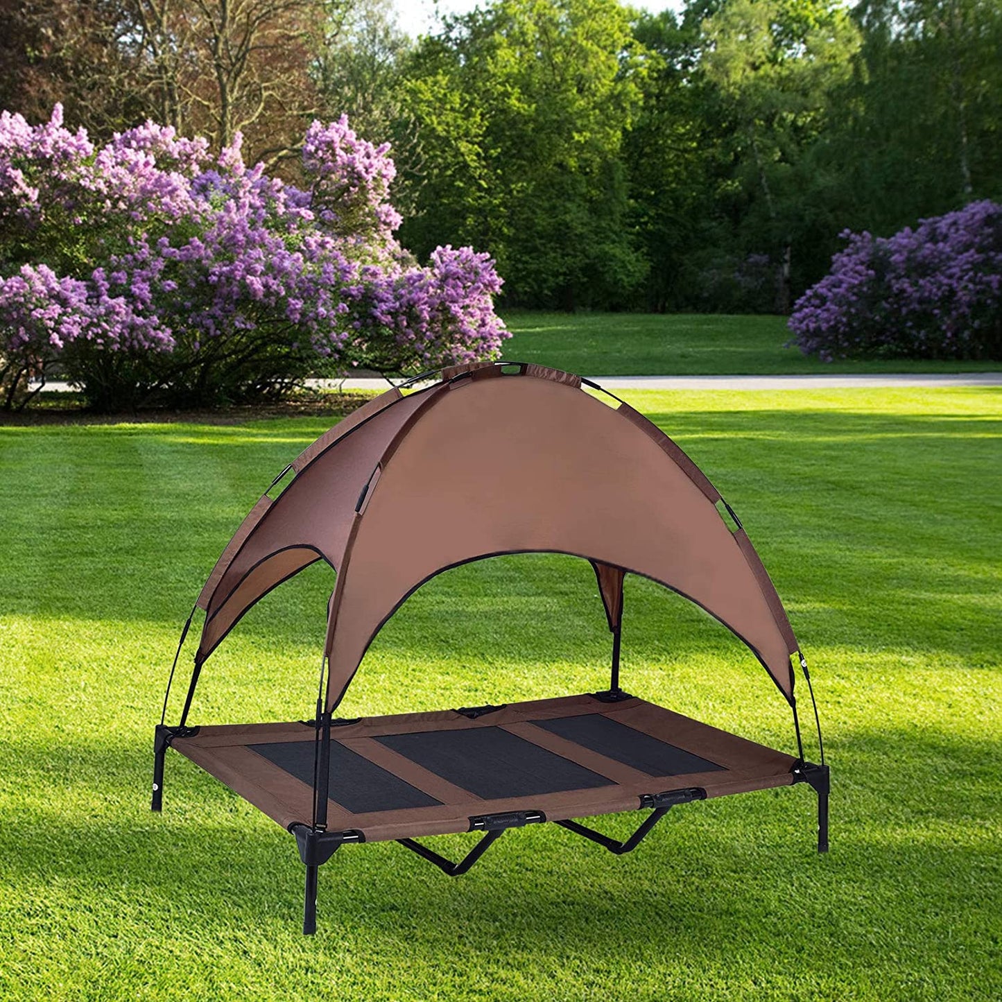 Elevated Pet Cot with Removable Canopy - Portable Raised Outdoor Dog Bed for Camping or Beach, Made from Durable 1680D Oxford Fabric and Breathable Mesh (Large, Brown)