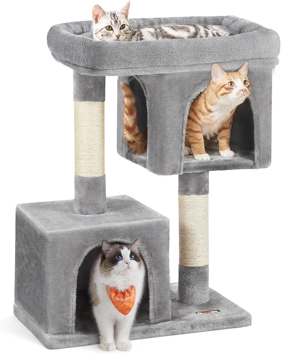 33.1-Inch Cat Tower with Plush Condo for Large Cats up to 16 lbs, Featuring Large Perch, Two Caves, and Scratching Post in Light Gray