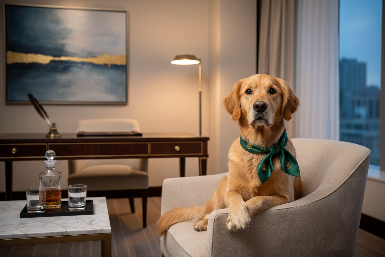 a real dog sitting distinguished in a suite