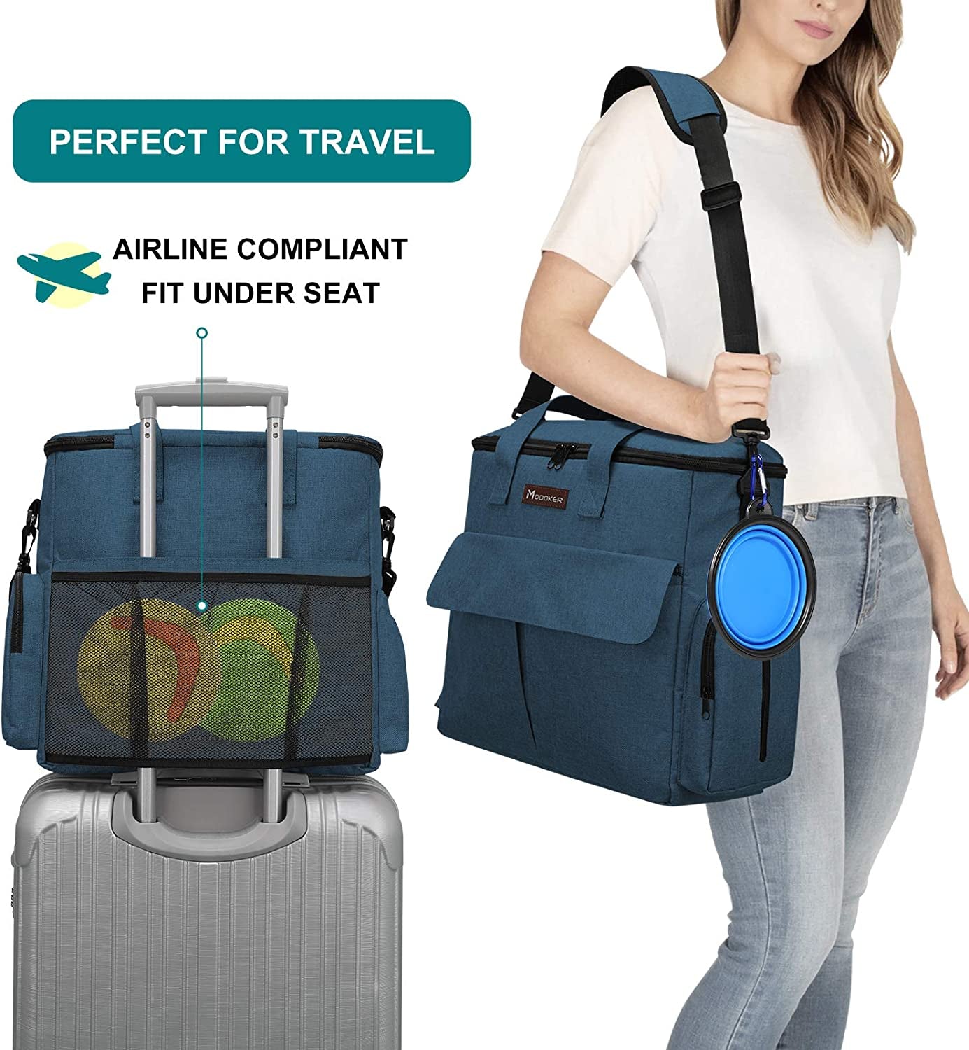 Pet Travel Bag for Dogs and Cats - Airline Approved Weekend Set with Multi-Function Pockets, Food Storage Containers, Collapsible Bowls, and Feeding Mat (Blue)