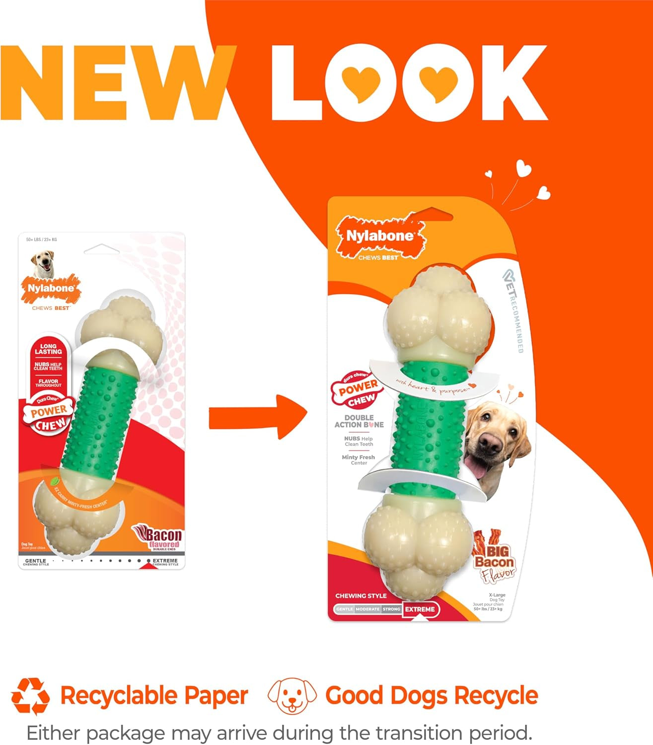 Double Action Bacon Flavor Bone Chew Toy for Aggressive Chewers, X-Large (50+ lbs)