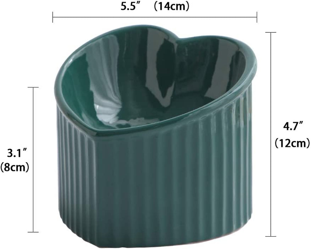 Dark Green Ceramic Elevated Cat Bowls for Food and Water, Ergonomic Design for Stress-Free Feeding, Dishwasher and Microwave Safe, Lead and Cadmium Free