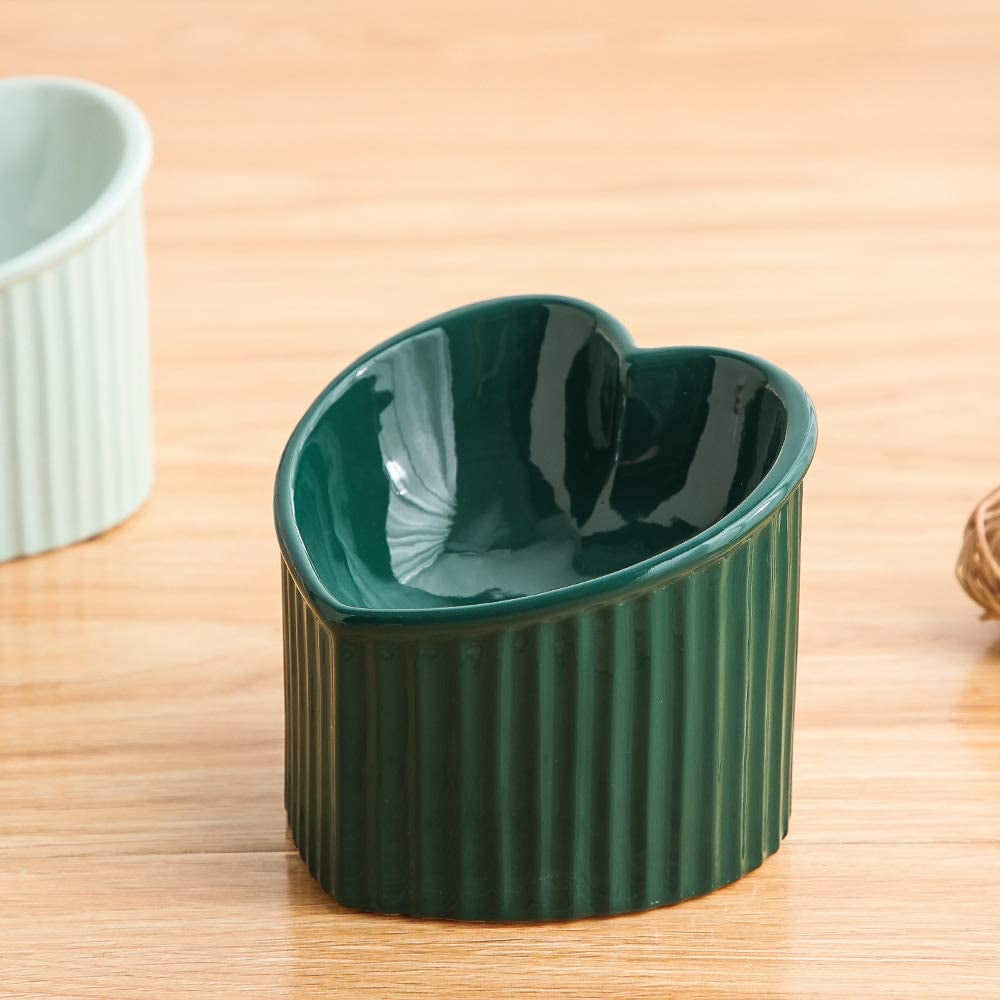 Dark Green Ceramic Elevated Cat Bowls for Food and Water, Ergonomic Design for Stress-Free Feeding, Dishwasher and Microwave Safe, Lead and Cadmium Free