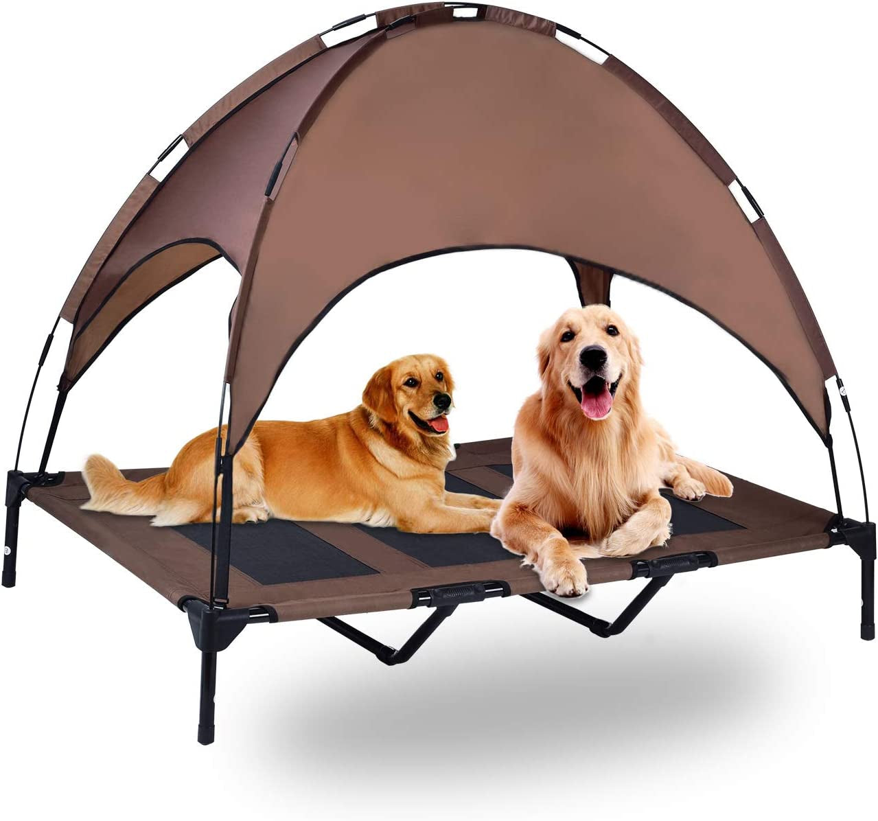Elevated Pet Cot with Removable Canopy - Portable Raised Outdoor Dog Bed for Camping or Beach, Made from Durable 1680D Oxford Fabric and Breathable Mesh (Large, Brown)