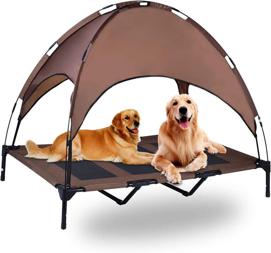 Elevated Pet Cot with Removable Canopy - Portable Raised Outdoor Dog Bed for Camping or Beach, Made from Durable 1680D Oxford Fabric and Breathable Mesh (Large, Brown)