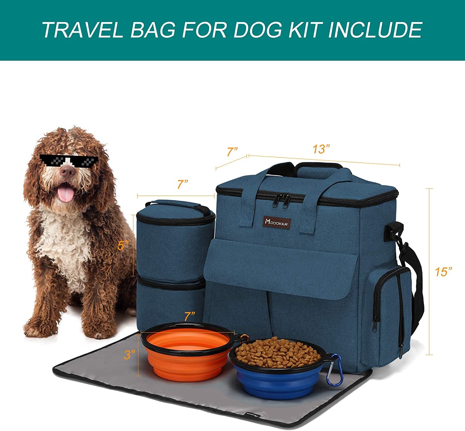 Pet Travel Bag for Dogs and Cats - Airline Approved Weekend Set with Multi-Function Pockets, Food Storage Containers, Collapsible Bowls, and Feeding Mat (Blue)