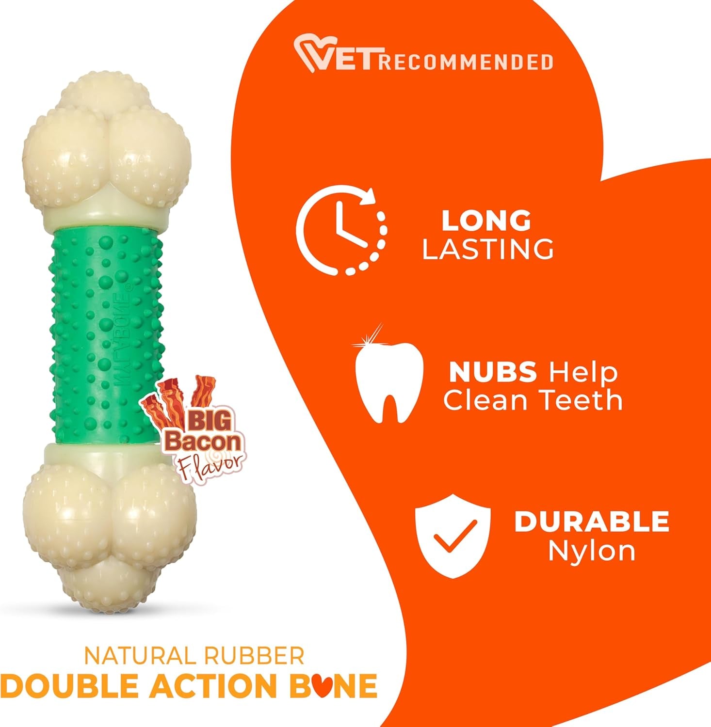 Double Action Bacon Flavor Bone Chew Toy for Aggressive Chewers, X-Large (50+ lbs)